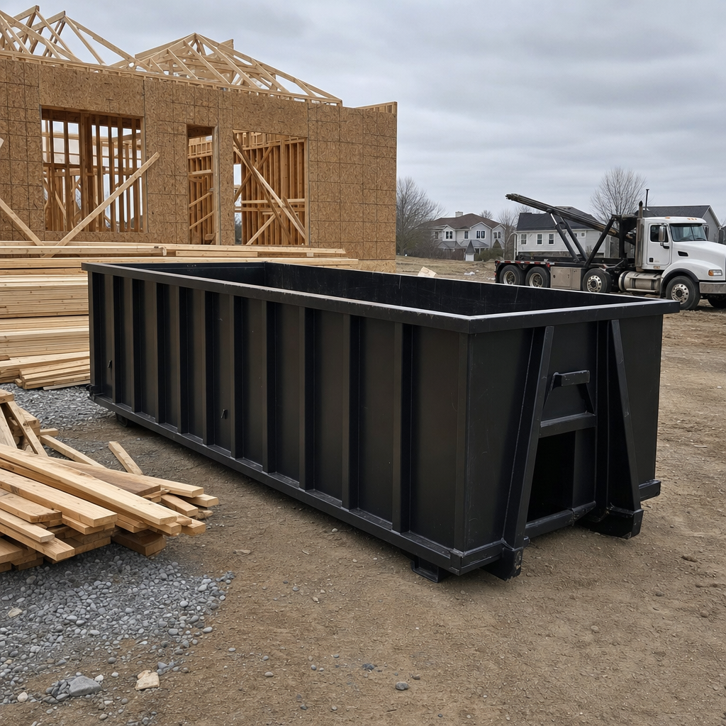Matte-black 40-yard roll-off dumpster staged on a framed-out residential construction site in Amarillo, framing lumber stacked nearby, hooklift delivery truck visible in the background under bright Colorado daylight