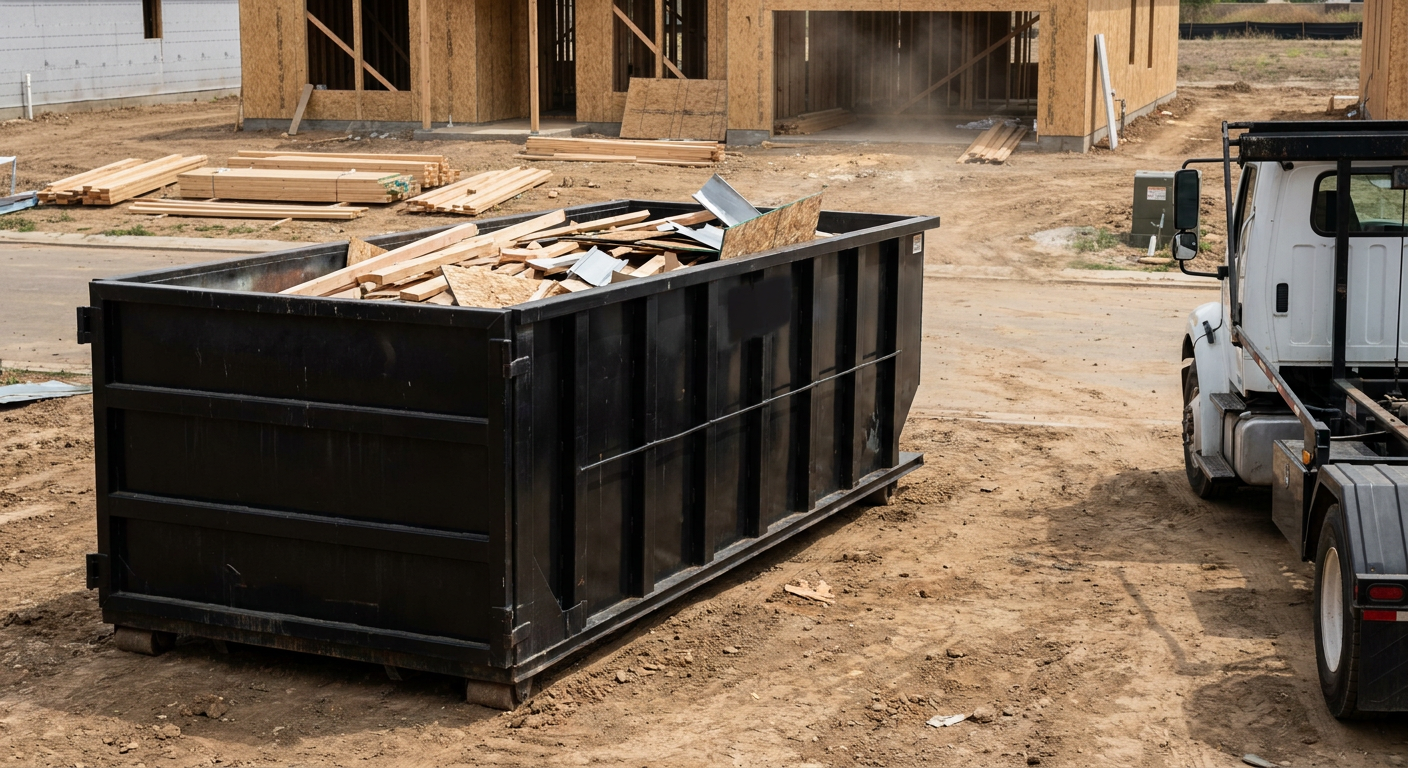 Matte-black 20-yard roll-off construction dumpster with heavy ribbed steel sidewalls and swing rear doors at a working jobsite in Amarillo, sitting directly on compacted dirt with an unmarked white hauler partially visible at the far edge of the frame.
