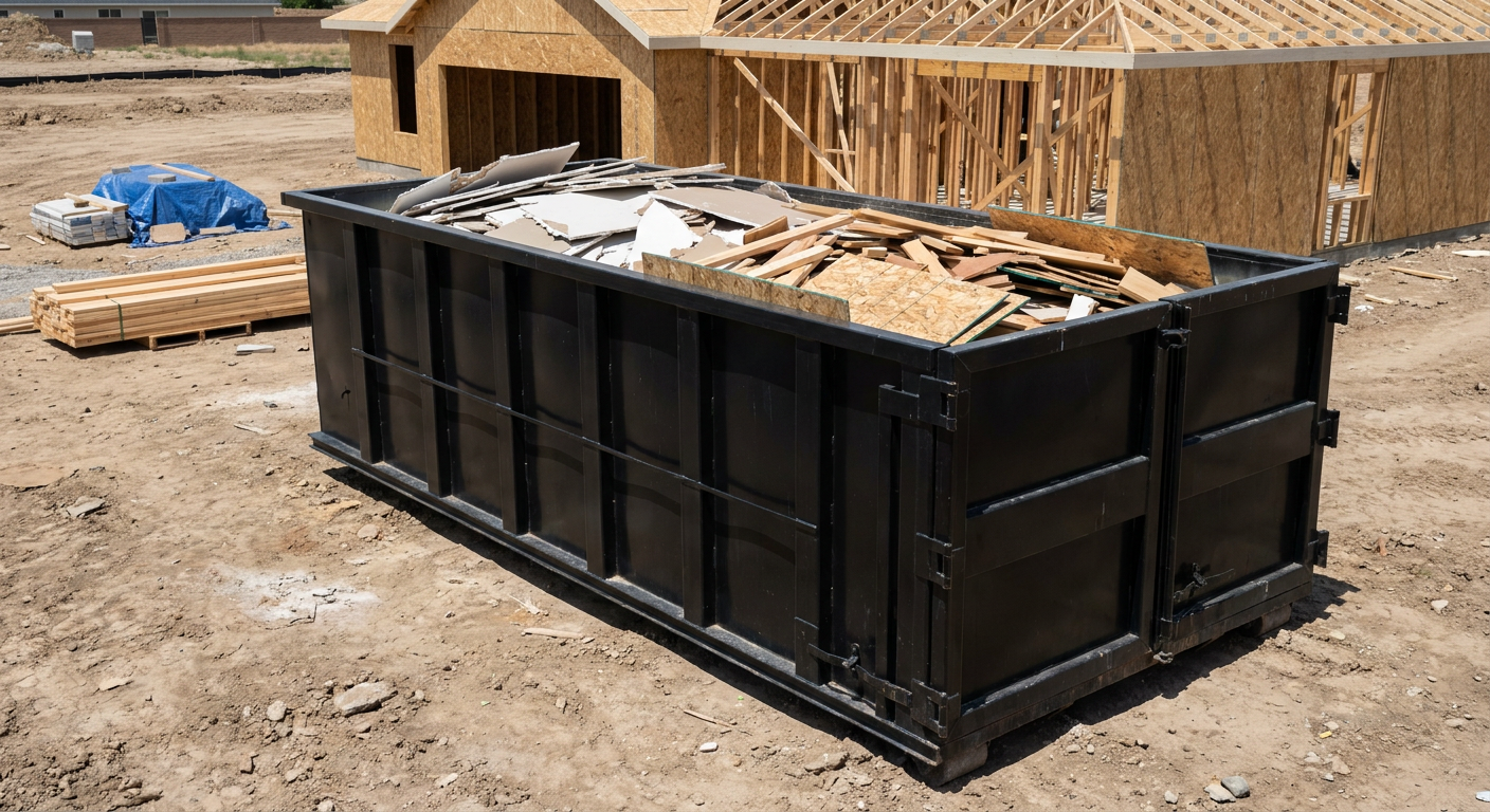 Matte-black 30-yard roll-off construction dumpster sitting directly on the compacted-dirt site of a framed single-family home build in Amarillo, drywall and lumber scrap loaded inside.