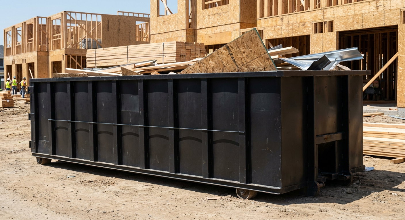 Matte-black 40-yard roll-off construction dumpster being lowered from a white-cab hooklift delivery truck onto the compacted-dirt jobsite at a commercial build site in Amarillo