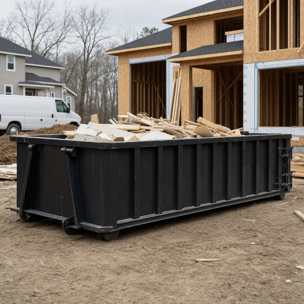 Worker in a yellow high-visibility vest tossing framing lumber and broken drywall into a matte-black 30-yard construction roll-off dumpster on an active build site in Amarillo, bright daylight