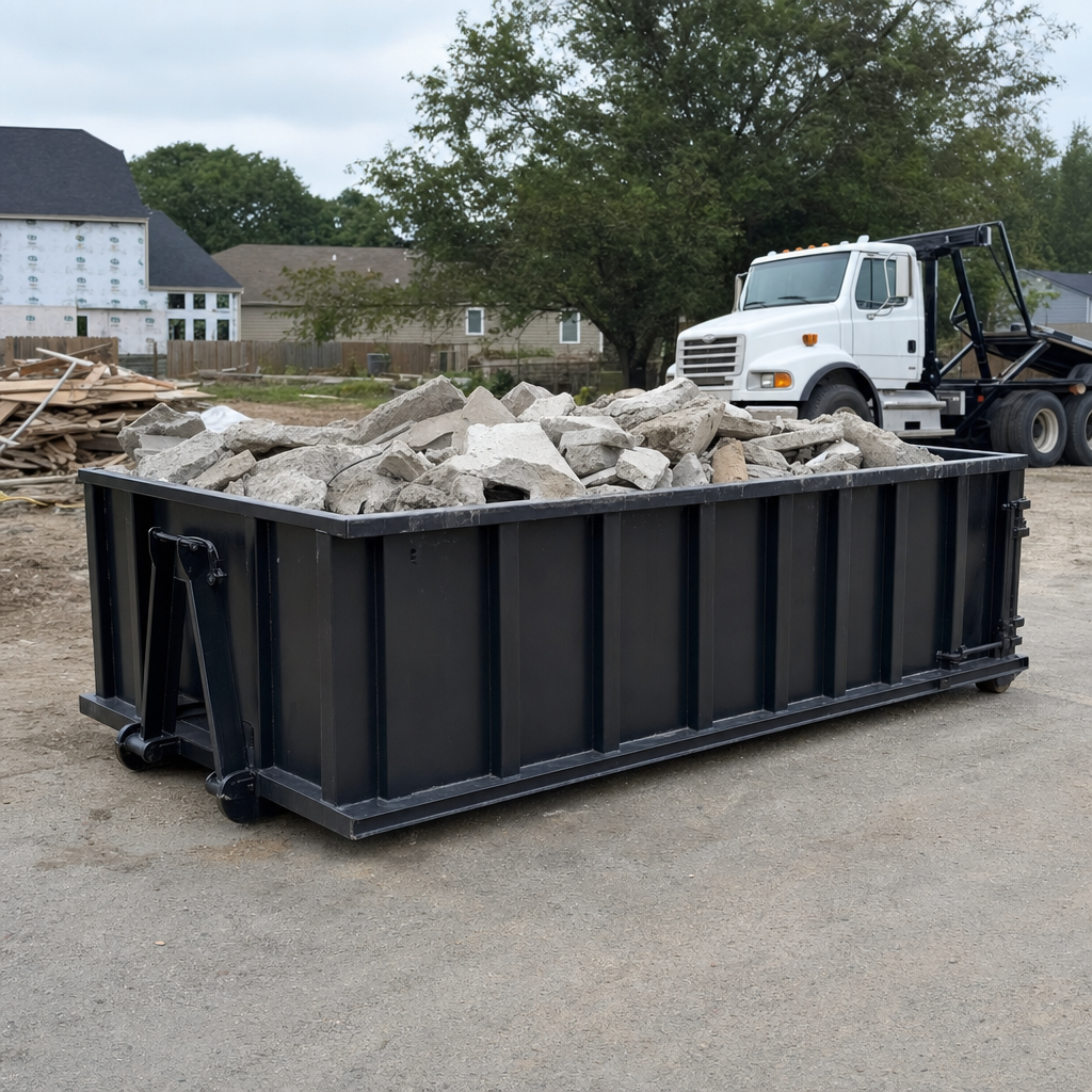 Low-profile matte-black lowboy roll-off dumpster loaded with broken concrete slab and rebar at a foundation tear-out in Amarillo, skid steer parked beside it, sunny Colorado morning