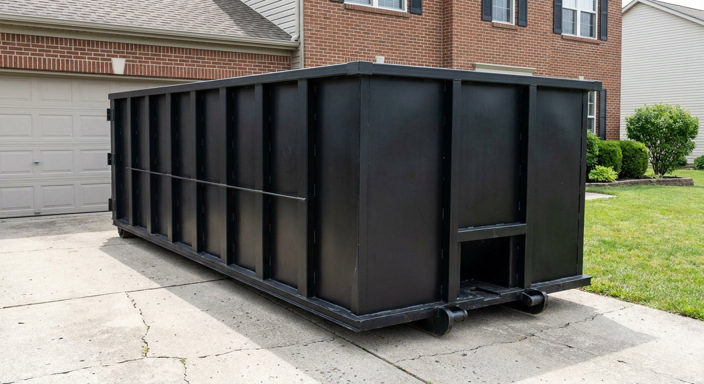 Matte-black 20-yard roll-off container on a Amarillo residential concrete driveway with reinforced ribbed steel sidewalls and a hinged rear walk-in door, clean bright daylight.