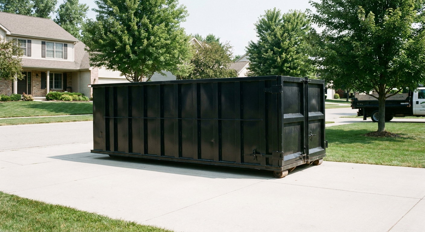 Matte-black 20-yard roll-off dumpster sitting level on a clean Amarillo residential concrete driveway under bright daylight, demonstrating clean placement directly on the concrete.