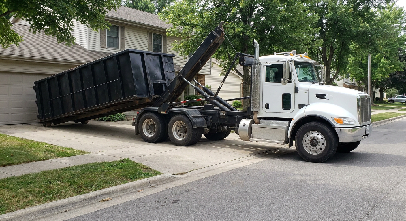 White-cab hooklift roll-off truck actively lowering a matte-black dumpster onto a Amarillo residential concrete driveway, the dumpster's rear wheels touching the driveway as the hoist arm tilts the bed forward, mid-morning daylight.