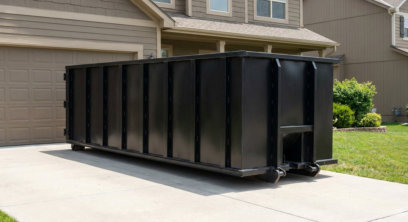 Matte-black residential roll-off dumpster sitting directly on a suburban Amarillo concrete driveway, garage door closed, single-family home in background, bright morning daylight.
