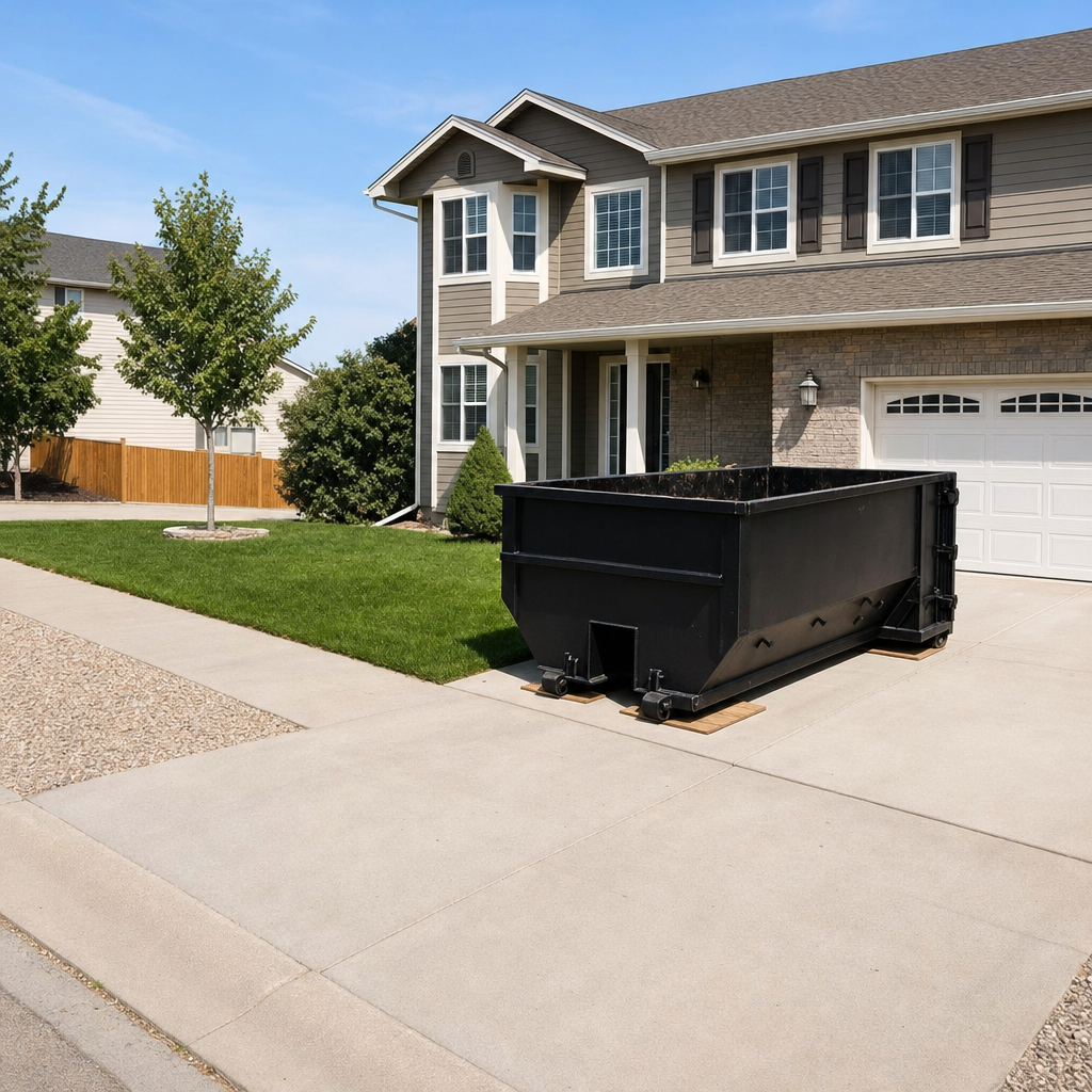 10-yard matte-black residential dumpster placed directly on a narrow Amarillo concrete driveway, room remains for a parked sedan beside it, mid-morning natural light