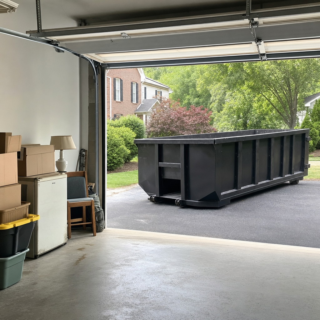 Open garage interior in a Amarillo home mid-cleanout — boxed items, an old appliance, and stacked yard tools queued near the driveway for a matte-black roll-off dumpster, organized and calm