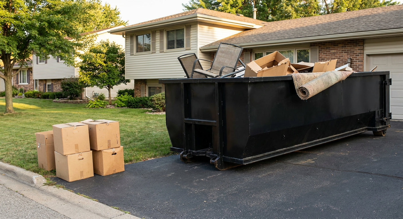Front-yard view of a Amarillo split-level home with a 20-yard matte-black roll-off dumpster sitting directly on the asphalt driveway, a few clearly labeled donation boxes staged at the curb, calm sunny afternoon.