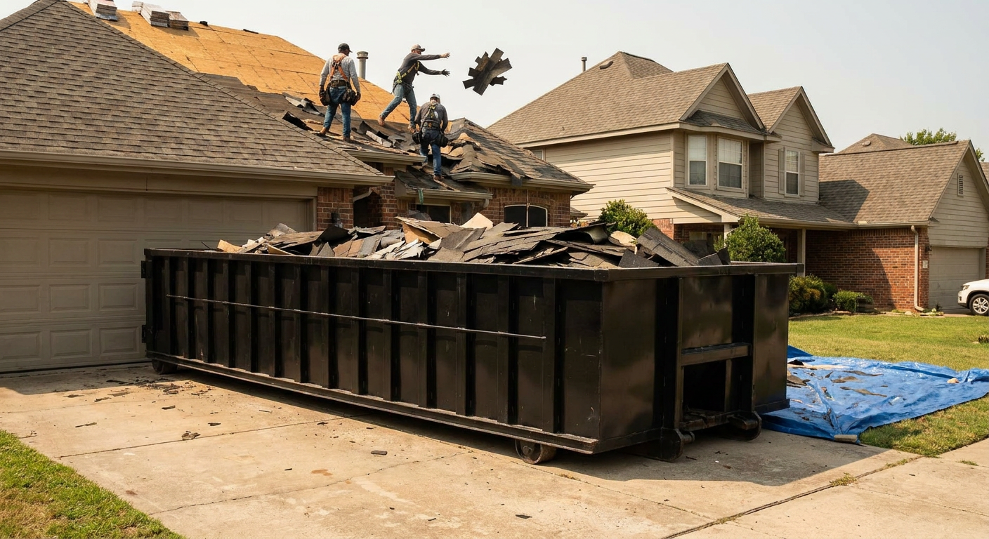 Matte-black roofing roll-off dumpster placed directly on a Amarillo residential concrete driveway, a tear-off crew on a two-story asphalt-shingle roof tossing shingle bundles into the low-walled container, bright daylight, documentary 35mm perspective.