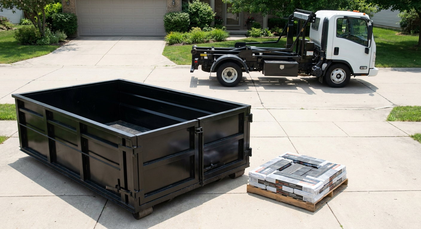 Matte-black 15-yard roofing roll-off dumpster with reinforced low side walls sitting directly on a Amarillo residential concrete driveway, three-tab asphalt shingle bundles stacked nearby, an unmarked white hauler truck partially visible at the edge of the frame.