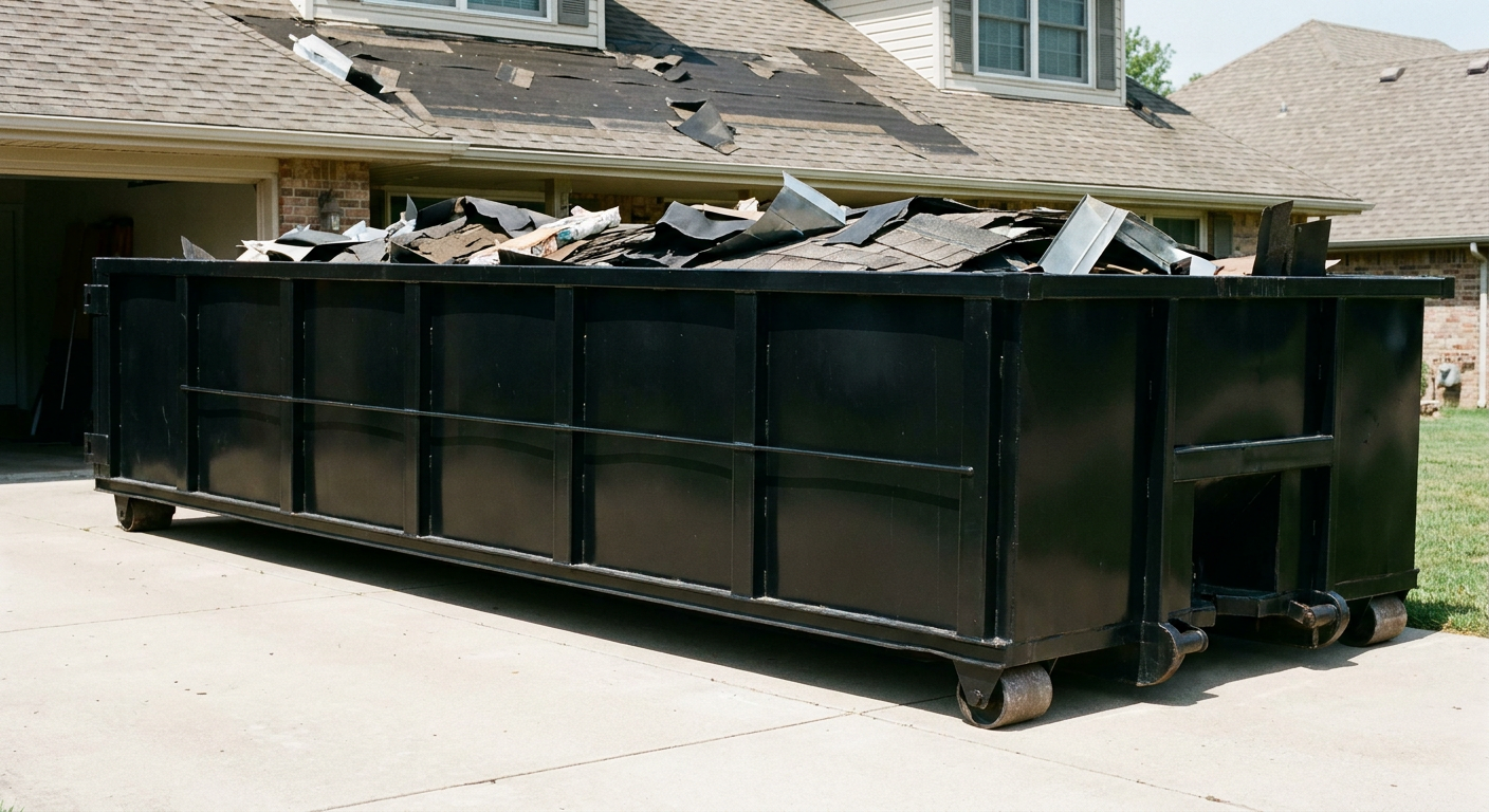 Matte-black 20-yard roofing roll-off dumpster with steel ribbed sides and swinging rear door, sitting directly on the concrete driveway of a two-story Amarillo home, asphalt shingle debris being loaded over the low wall, clean documentary lighting.