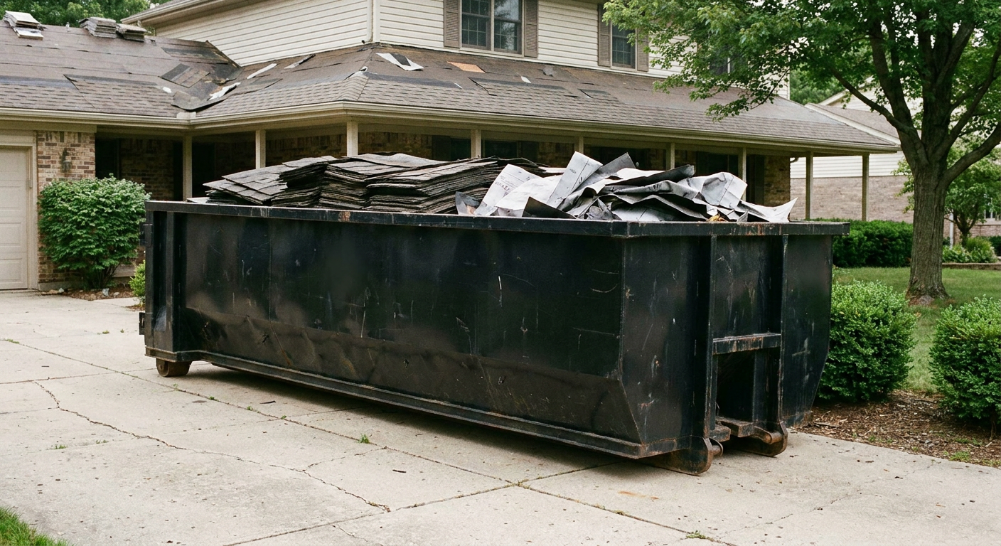 Matte-black 30-yard roofing roll-off dumpster sitting directly on a Amarillo concrete driveway, taller ribbed steel side panels, mixed tear-off debris of asphalt shingles and underlayment inside, professional documentary daylight.