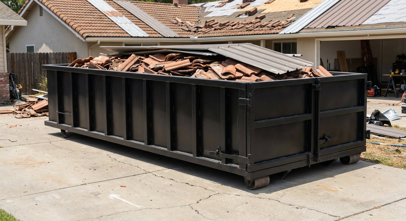 Matte-black low-wall heavy-debris roofing roll-off dumpster sitting directly on a Amarillo concrete driveway, broken concrete clay roof tiles and metal panel sections loaded inside, reinforced ribbed steel side walls visible, bright outdoor daylight.