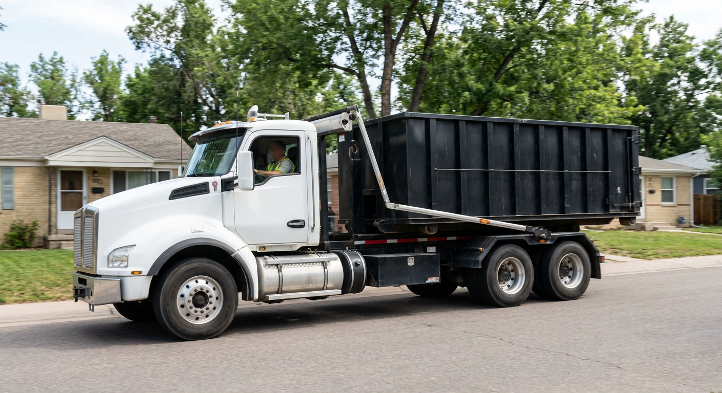 A wide documentary shot of a matte-black roll-off delivery truck pulling onto a quiet Amarillo residential street at mid-morning, with neighborhood rooftops and tree-lined blocks visible behind, showing the metro coverage footprint.