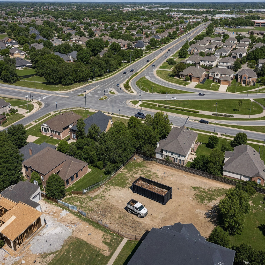 An overhead documentary view of the Amarillo metro area at midday, showing the spread of neighborhoods, arterial roads, and the dispatch radius from a central yard — clean daylight, organized geographic layout.