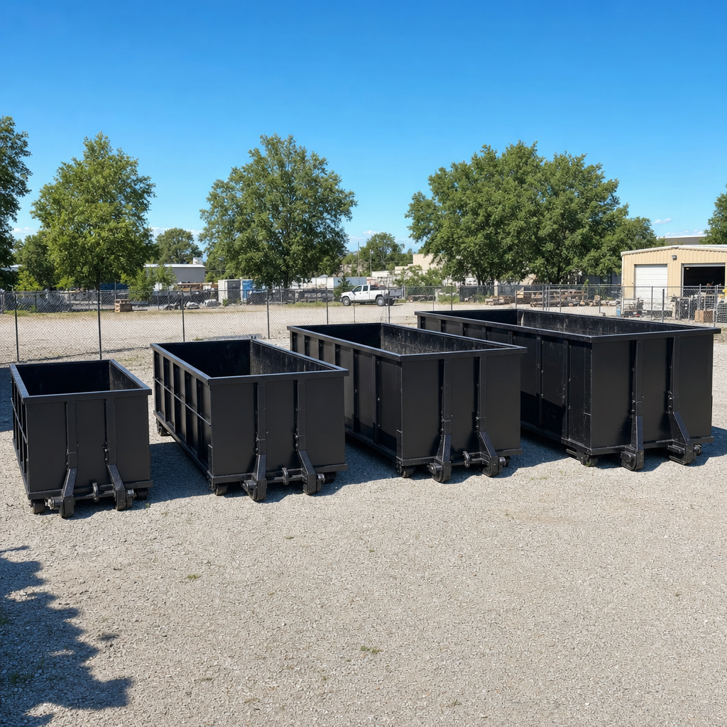 A clean lineup of matte-black roll-off dumpsters in 10, 20, 30, and 40-yard sizes staged on a sunlit gravel yard in Amarillo, showing the size progression from compact to commercial-scale containers.