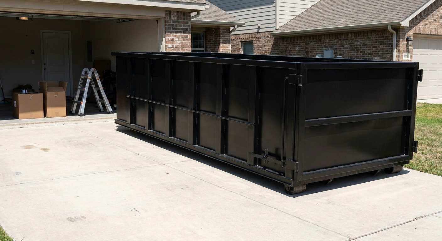 A matte-black 10-yard roll-off dumpster sitting directly on a residential Amarillo concrete driveway, mid-day sunlight, clean and ready for a garage cleanout.