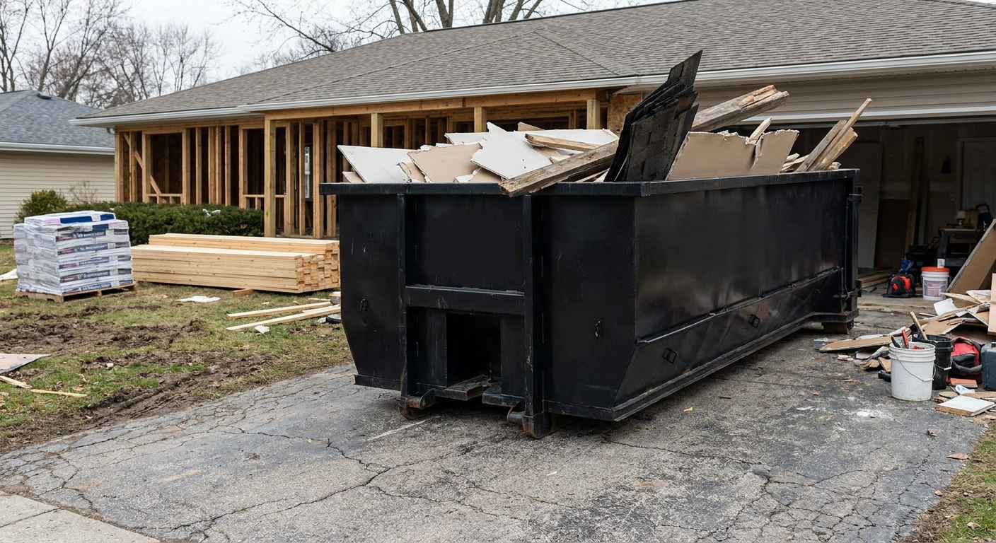 A matte-black 20-yard roll-off dumpster placed alongside a mid-renovation Amarillo home directly on the asphalt driveway, with framing materials and torn-off shingles staged neatly nearby.