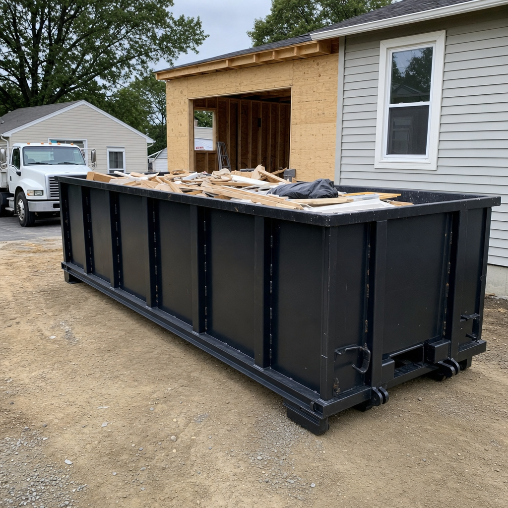 A matte-black 30-yard roll-off dumpster positioned at a Amarillo residential addition jobsite, with framing lumber and drywall scraps loaded through the open swinging rear doors.
