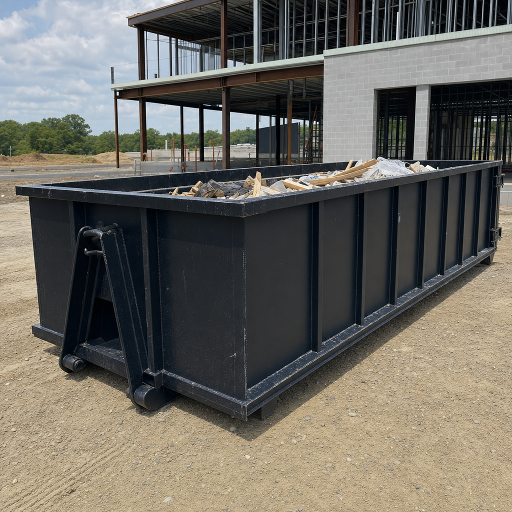 A matte-black 40-yard roll-off dumpster staged on a large Amarillo commercial construction lot, with a hooklift delivery truck parked alongside under bright midday sky.