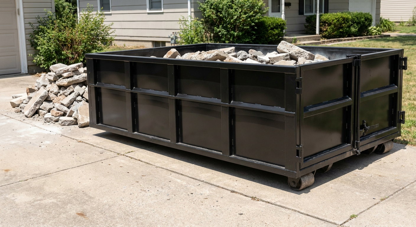 A matte-black low-side heavy-debris roll-off dumpster placed directly on a Amarillo concrete driveway, with broken concrete chunks neatly stacked beside it under clean daylight.